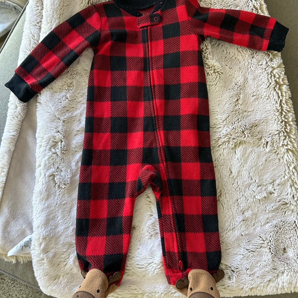 Carter's Red and Black Checkered Reindeer Footie